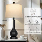 26" Black Table Lamps Set of 2, Touch Control Lamps for Living Room, 3-Way Dimmable Bedroom Bedside Lamps for Nightstands with USB A+C Port (2 LED Bulbs Included)