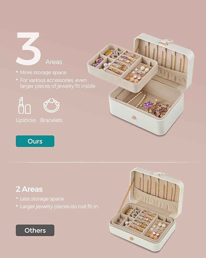 SONGMICS Jewelry Organizer Box, Travel Jewelry Case, 2-Layer Travel Case for Earrings, Necklaces, Bracelets - Portable Jewelry Storage with Large Capacity, Gift Idea, Cloud White UJBC166W01