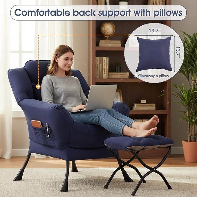 Lazy Chair with Ottoman, Large Lounge Accent Chair with Ottoman and a Throw Pillow, Navy Reading Chair for Living Room Bedroom Dorm Room Office Apartment Relaxing Use