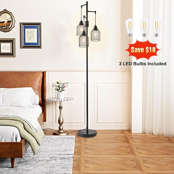 Dimmable Floor Lamp for Living Room, Farmhouse Floor Lamps with Elegant Hanging Cage, 3 x LED Edison Bulbs Included, 68.5" Industrial Standing Light for Bedroom Office Home Decor (Black)