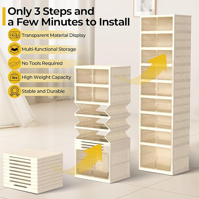GCCSJ 9-Tier 18 Pairs Foldable Shoe Rack Organizer, Plastic Collapsible Shoe Shelf, Folding Shoe Box Storage Cabinet with Magnetic Clear Door Easy Assembly for Entryway, Bedroom, Living Room