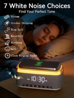Bluetooth Speaker Alarm Clock with 10w Fast Wireless Charger for iPhone Samsung, 10W Stereo Bluetooth Speaker, 12-Color Night Light, White Noise Machine Digital Clock with FM Radio for Bedroom