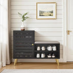 VECELO Shoe Storage Bench with Door&Shelf, Entryway Bench with Seat Cushion, for Hallway, Bedroom, Living Room, L-Shaped, Black