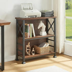 HOMBAZAAR 3-Tier Small Bookshelf, 29.5 Inch Short Book Shelf with Sturdy Metal Frame & Wood Shelves, Rustic Brown Industrial Bookcase for Living Room, Bedroom, Office