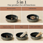 5.9" Ceramic Incense Holder with 10 Holes,5in1 Incense Tray for Sticks,Coil,Cone,Sage,Palo Santo,Handcrafted Burner Ash Catcher Smudge Bowl for Yoga Meditation Energy Cleansing Room Décor,Black