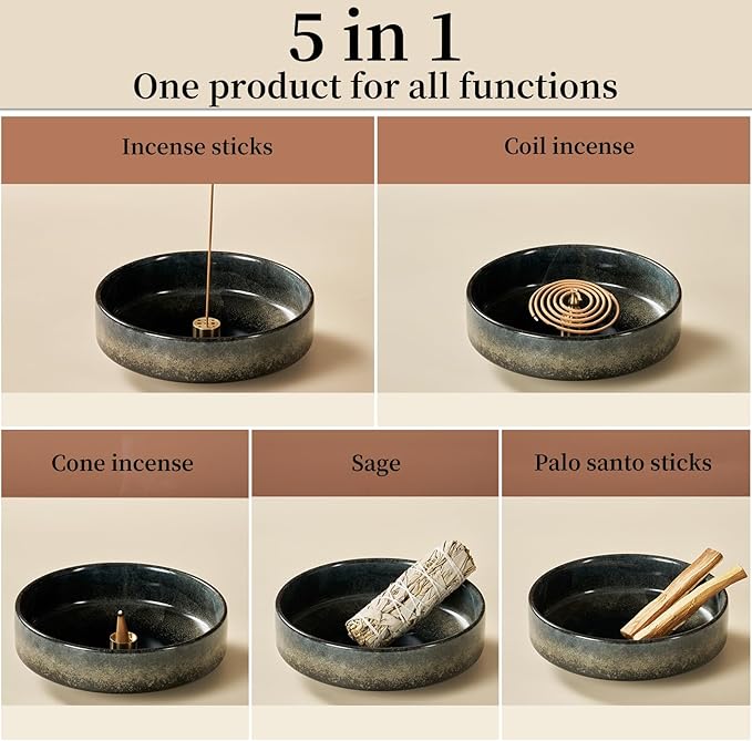 5.9" Ceramic Incense Holder with 10 Holes,5in1 Incense Tray for Sticks,Coil,Cone,Sage,Palo Santo,Handcrafted Burner Ash Catcher Smudge Bowl for Yoga Meditation Energy Cleansing Room Décor,Black