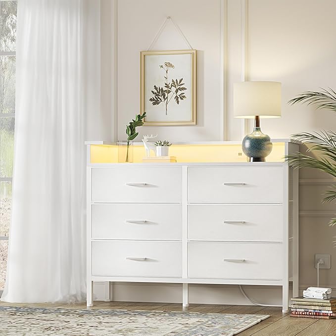 BOLUO White Dresser with LED Light and Charging Station for Bedroom 6 Drawer Dresser with USB Outlet, Fabric Dressers & Chests of Drawers Modern