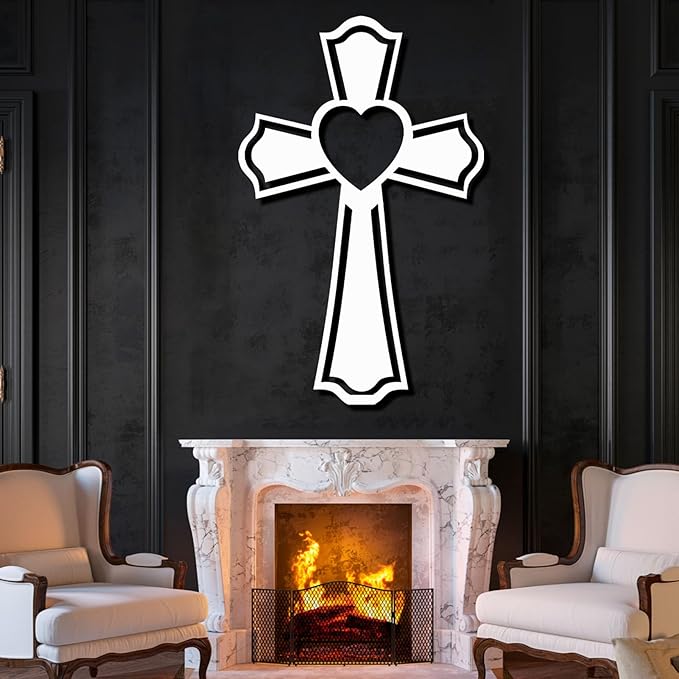 Metal Cross for Wall, Crosses Wall Decor, Cross Heart Metal Wall Art, Christian Wall Decor, Christian Cross Wall Decor, Religious Wall Decor, Faith Wall Decor, Spiritual Wall Decor (Silver, 53"x34" | 135x85cm, metal wall art)