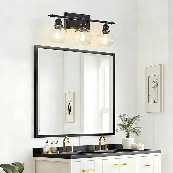 3-Light Bathroom Light Fixtures Matte Black Vanity Light Over Mirror Modern Vanity Lighting with Clear Glass Globe Vintage Wall Sconce for Kitchen Living Room Hallway Bedroom