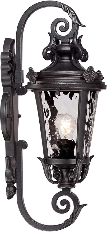 John Timberland Marseille Traditional Outdoor Wall Light Fixture Black Steel Scroll 19" Clear Hammered Glass Downbridge Arm for Exterior House Porch Patio Outside Deck Garage Front Door Home