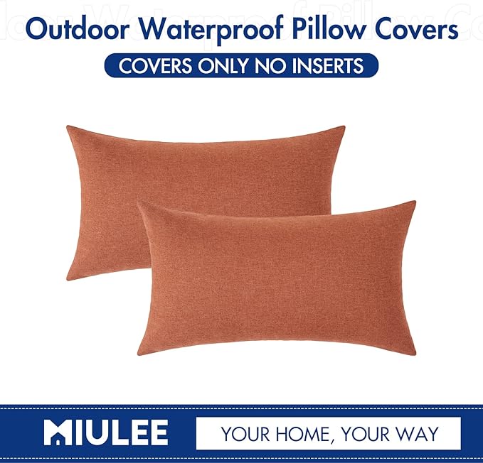 MIULEE Pack of 2 Decorative Outdoor Solid Waterproof Throw Pillow Covers Spring Faux Linen Garden Farmhouse Cushion Cases for Summer Patio Tent Balcony Couch Sofa 20x12 Inch Coral Red
