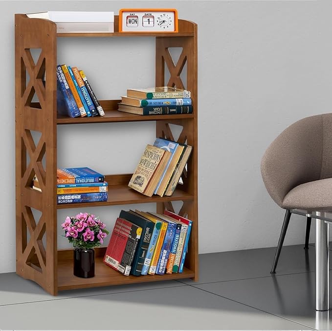 Brown Bookcase by Natural Wood, 4 Tier Bookshelf, Small Book Shelves Freestanding Display Storage Shelves. Open Bookshelf for Bedroom, Living Room and Office (Brown, 4 Tier)