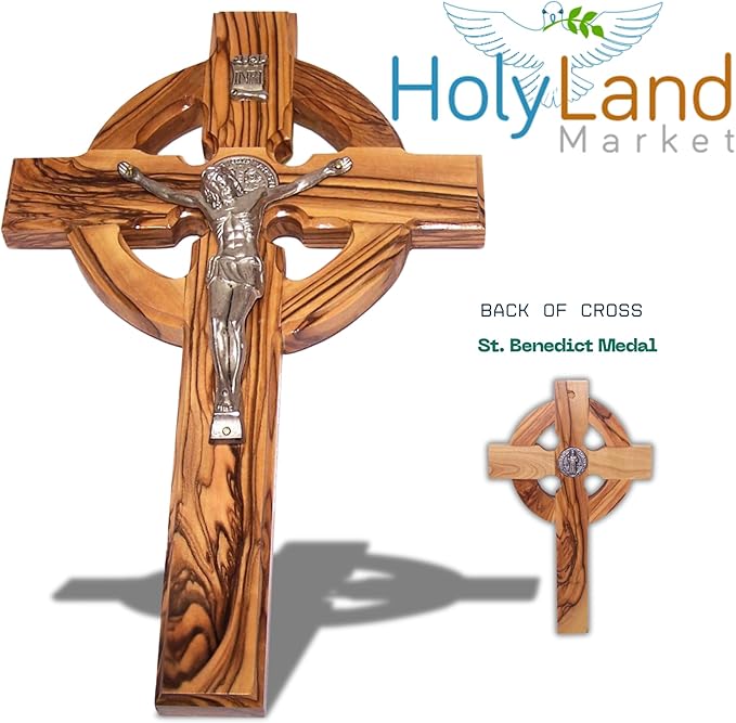 Holy Land Market 6" Celtic Olive Wood Wall Crucifix – Handmade in Bethlehem with Metal Saint Benedict Medal (Front & Back), Certificate, Prayer Card & Medal Explanation – Solid Olive Wood Cross