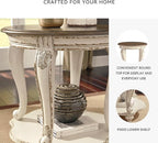 Signature Design by Ashley Realyn Cottage Style Round End Table, Fixed Lower Shelf, Antiqued 2-tone, Finish, Wood, 26" W x 26" D x 25.88" H, White and Brown