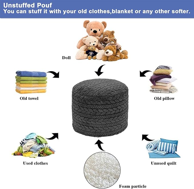 Unstuffed Ottoman Pouf Cover – Round Faux Fur Footstool Plush Floor Pouf (No Filler Included) Perfect for Living Room, Bedroom, or Office Lounge (Gray, 26x26x18 in)