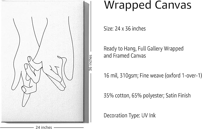 Holding Hands Wrapped Canvas Wall Art Interlocking Fingers Continuous Line Drawing Love 24x36 Inch Gallery Stretched Modern Home Art Decor
