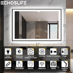 51x32 LED Lit Bathroom Mirror - Black Framed, Front and Backlit LED Lighted, Anti-Fog Bathroom Mirror with Lights, 3 Colors Stepless Dimmable Mirror, Touch Sense (Horizontal/Vertical)