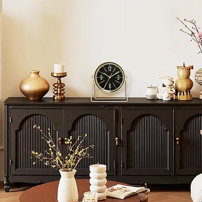 QIYAODECO® Vintage Metal Desk Clock for Bedroom, with Adjustable Angle Ticking Small Battery Operated Mantel Bedside Clock, Decorative Table Old Fashioned Style Black Decor Adult Kid Gift,Gold Black