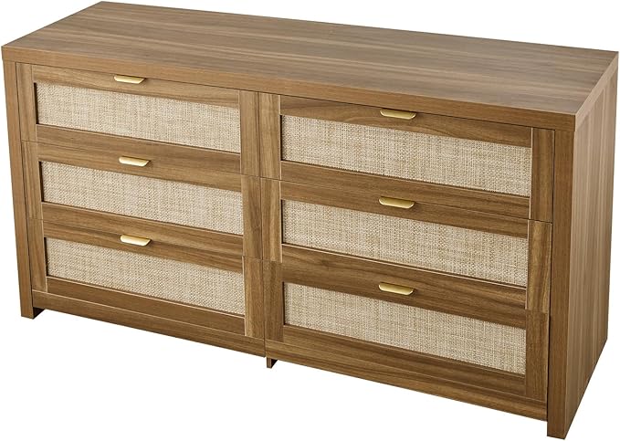 VEVOR Large Boho Dresser for Bedroom, 57" Wide Rattan Dresser 6 Drawer with Ample Storage, Modern Wood Chest of Drawers Closet TV Stand Dressers for Living Room, Walnut Oak