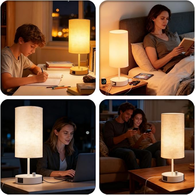 HiBay 2-Pack 17.75" Dimmable Bedside Table Lamps with 2 USB Charging Ports & AC Outlet, Modern White Nightstand Lights with Round Fabric Shade for Bedroom Living Room Office, Bulb Included