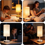 HiBay 17.75" Dimmable Bedside Table Lamp with Charging Station - 2 USB Ports & AC Outlet, Modern White Nightstand Light with Round Fabric Shade for Bedroom Living Room Office, Bulb Included