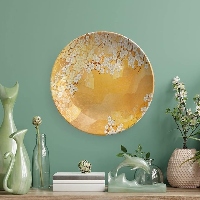 Decorative Plates, Asian Print Ornament, Japanese Cherry Blossom Tree Branches, 6 Inch, Kitchen Wall Decor, Marigold Cream