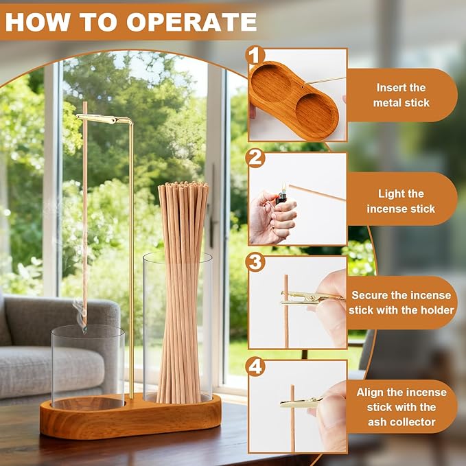 3-in-1 Incense Holder for Sticks, Incense Burner Holder with Glass Ash Catcher & Stick Storage, Bedroom House Yoga Meditation Zen Decor, Spa Gifts for Women, Unique Cozy Home Decor, Natural Wood