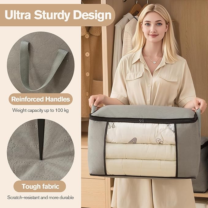 Large Storage Bags,Clothes Storage Bins Foldable Closet Organizers Storage Containers with Durable Handles Thick Fabric for Blanket Comforter Clothing Bedding (grey, 60L (3Pick)