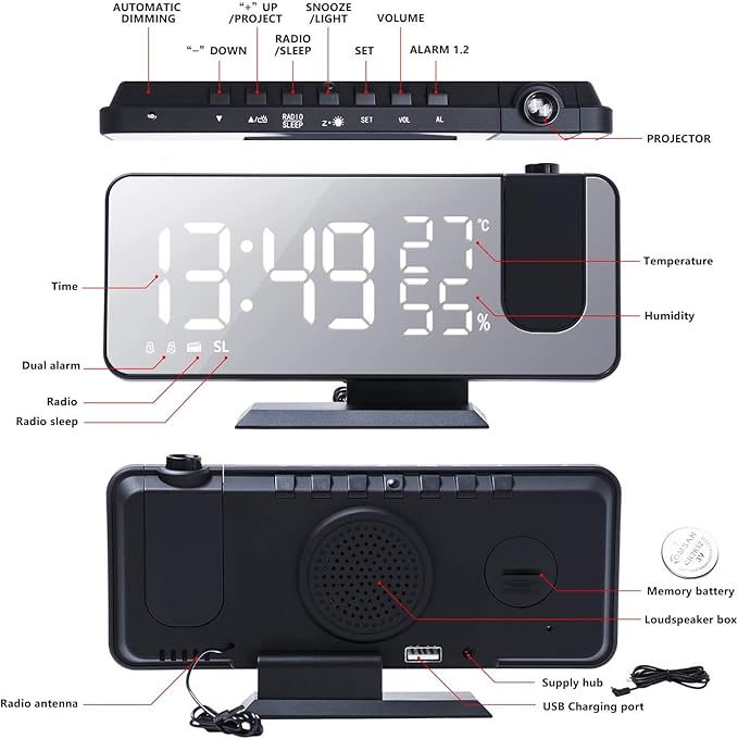 Projection Alarm Clock for Bedroom Ceiling Digital Clock Radio with USB Charger Ports 180° Rotatable Projector, 12/24H,Snooze,Dual Loud Alarm Clock (Black)