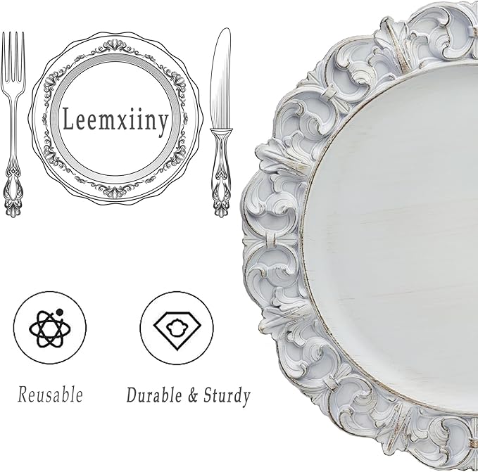 13" Antique White Charger Plates, Set of 6 Plastic Textured Chargers for Dinner Plates with Embossed Rim, Table Décor, Party, Wedding, Holiday