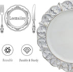 13" Antique White Charger Plates, Set of 6 Plastic Textured Chargers for Dinner Plates with Embossed Rim, Table Décor, Party, Wedding, Holiday