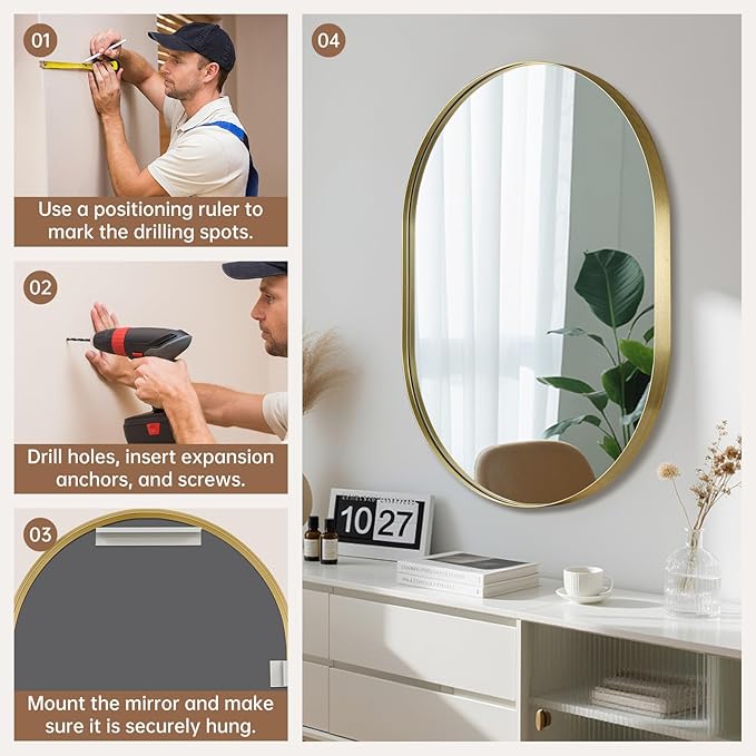 Gold Oval Mirror, 24"x32" Oval Bathroom Mirror, Brushed Gold Mirror with Aluminium Alloy Frame, Anti-Rust, Tempered Glass