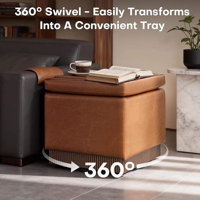 Swivel Storage Ottoman with Hidden Compartment, Square Faux Leather Footstool, Solid Acacia Wood Frame, 500 lbs Capacity, No Assembly Required, for Living Room & Bedroom
