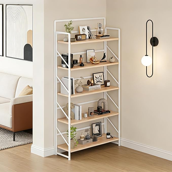 JSB Folding Bookshelf,Industrial Storage Shelves, No Assembly Vintage Wood Look Bookshelf with Storage Shelves for Living Room, Bedroom, Office (White, Wide 5-Tier)