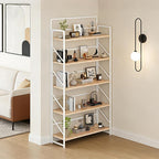 JSB Folding Bookshelf,Industrial Storage Shelves, No Assembly Vintage Wood Look Bookshelf with Storage Shelves for Living Room, Bedroom, Office (White, Wide 5-Tier)