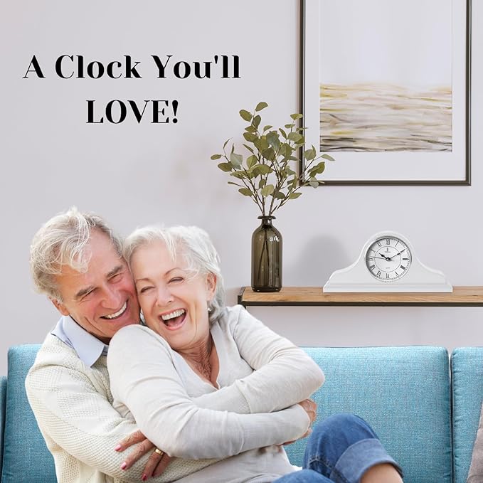 Mantel Clock, White Wooden Mantle Clock for Living Room Décor - Silent, Decorative, Solid Wood, Battery Operated Mantle Clock for Fireplace Mantel, Office, Desk, Shelf & Home Décor Gift, 15x7.5 Inch