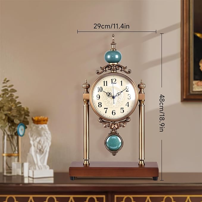 Vintage Fireplace Mantel Clock – Silent Retro Desk Clock for Living Room, Walnut Base with Metal Surface Antique Shelf Pendulum Clock, Home Decor