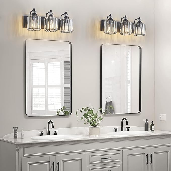 3-Light Black Bathroom Light Fixtures Over Mirror Modern Vanity Lights Crystal Wall Sconce Vintage Bathroom Lighting with Crystal Shade E26 Base for Bedroom, Living Room, Hallway