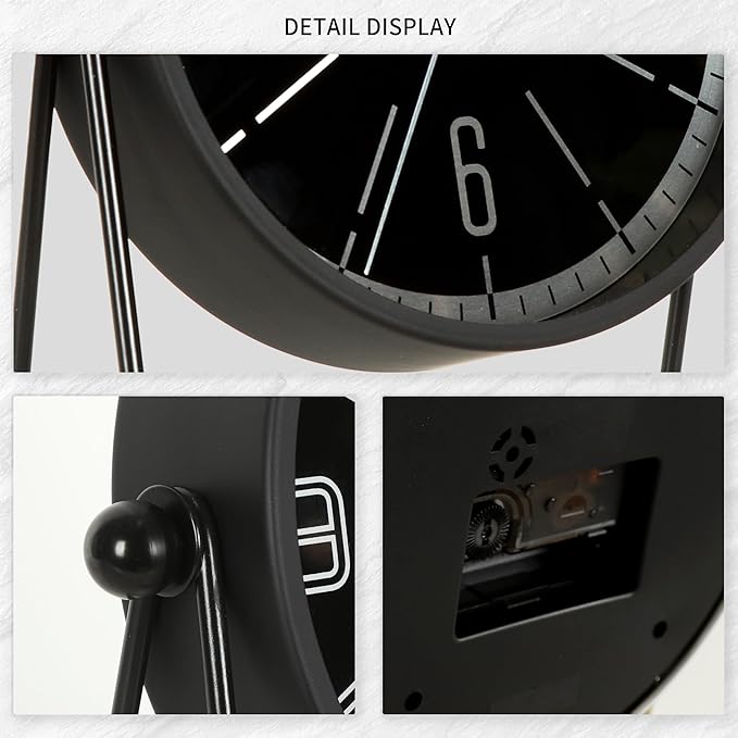 QIYAODECO® Vintage Metal Desk Clock for Bedroom, with Adjustable Angle Ticking Small Battery Operated Mantel Bedside Clock, Decorative Table Old Fashioned Style Black Decor Adult Kid Gift,Silver/Black