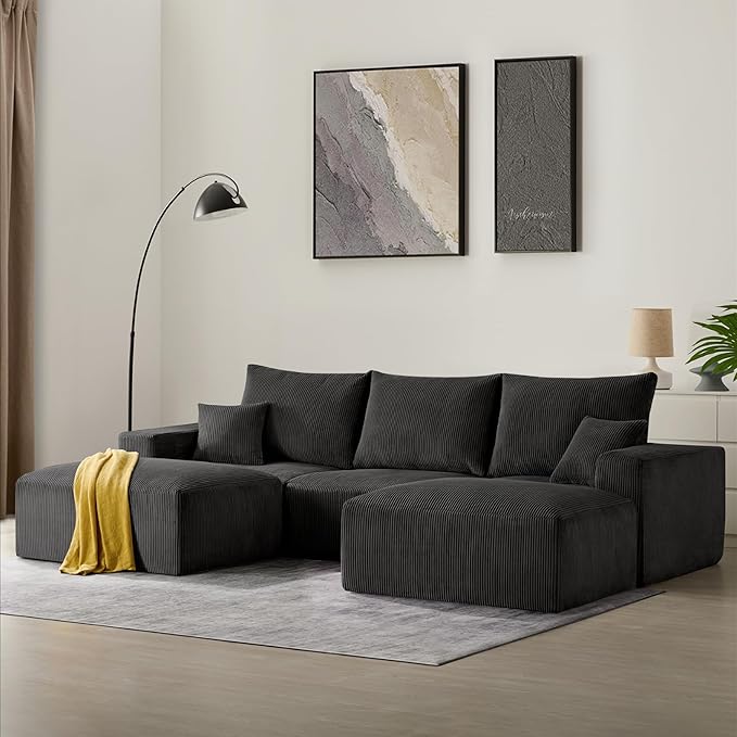 40" Square Stuffed Ottoman Pouf for Sofa Couch, Corduroy Poufs with Foam Chunk Filling, Furry & Fluffy Pouf Footstool Movable Ottoman. 40*31 Floor Poufs Foot Rest for Living Room, Black(2 Piece Set)