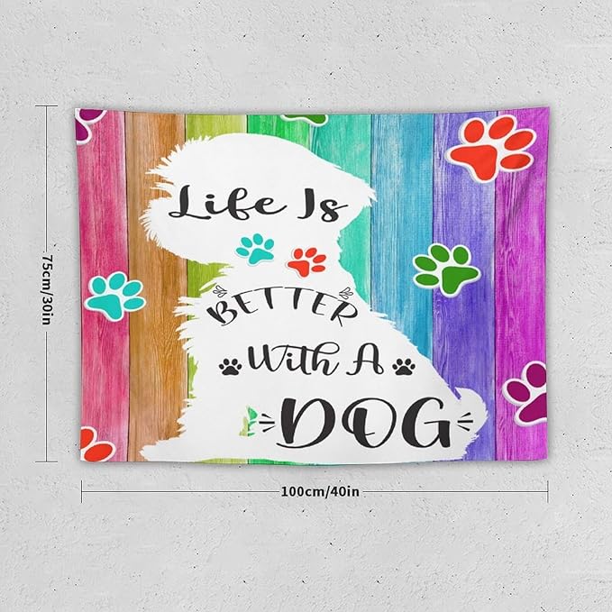 VUMIVI Cute Dog Tapestry Rainbow Color Planks Rustic Farmhouse Home Decor Pet Paws Tapestry Wall Hanging for Living Room Bedroom Dorm Classroom Aesthetic Decor W40xL30in