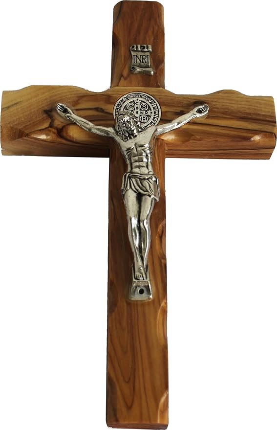 Holy Land Market Saint Benedict Wall Crucifix - Handmade Olive Wood & Metal Corpus, 10 Inch Religious Decor