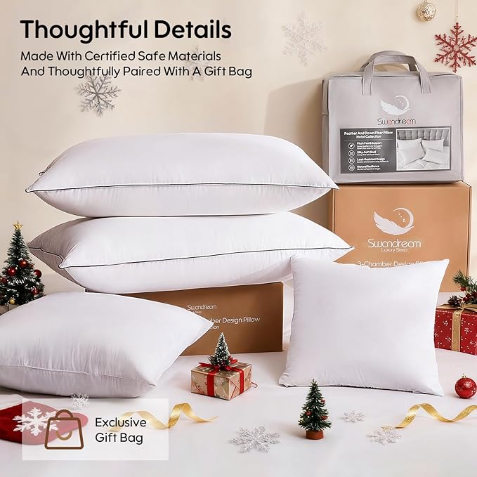 Goose Feather Down Fiber Pillows Queen Size Set of 2, Luxury 3-Chamber Pillows with Soft & Down-Proof Cover, Fluffy Plush Hotel Bed Pillows for Side, Back & Stomach Sleepers, 20"x30"