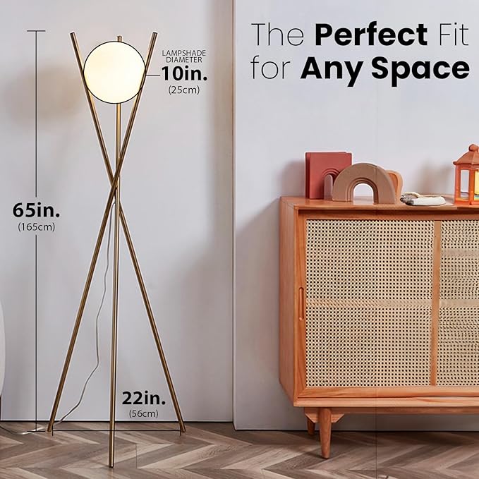 Ozarke Solstice Modern Frosted Glass Globe Floor Lamp (165cm) Contemporary LED Dimmable Lighting for Bedroom, Living Room, Hotel & Home Office (Gold)