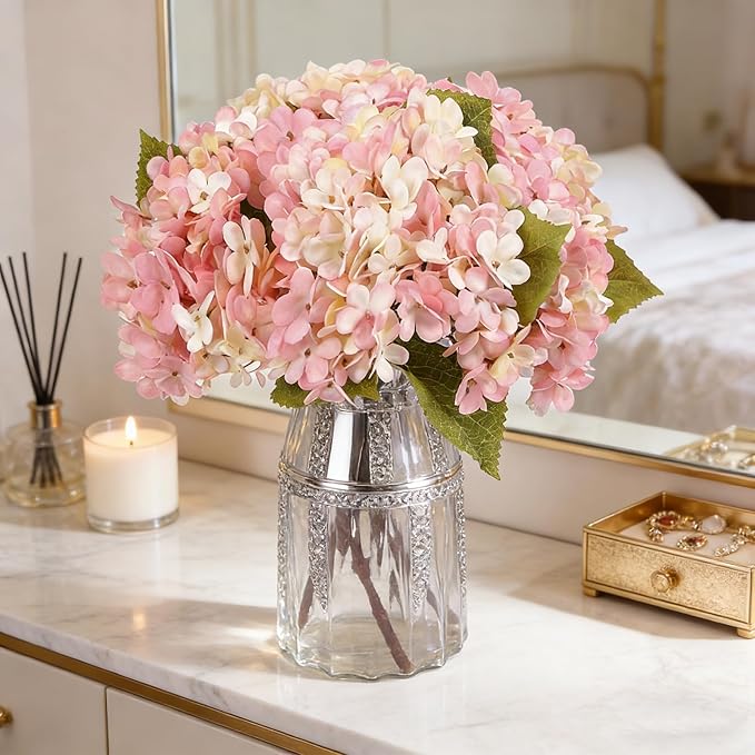 Kimura's Cabin 6pcs Fake Pink Flowers Artificial Silk Hydrangea Flowers Bouquets Faux Hydrangea Stems for Home Table Centerpieces Wedding Party Decoration(Pink, Pack of 6)
