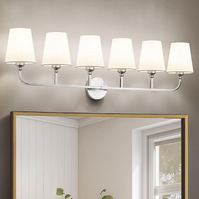 Kvhilw Bathroom Vanity Light, Brushed Nickel Bathroom Light Fixtures, 6-Light Lighting Fixtures Over Miror, Modern Wall Sconce with Flared White Fabric Shade, E26 Socket(ETL Listed)