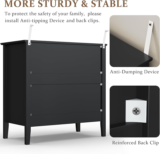 Large Black Fluted 3 Drawer Dresser, Modern 30 Inch Tall Wood Side Unit with Ball Bearing Slides, Wide Accent Furniture with Spacious Compartments for Bedroom Hallway Living Room Entryway