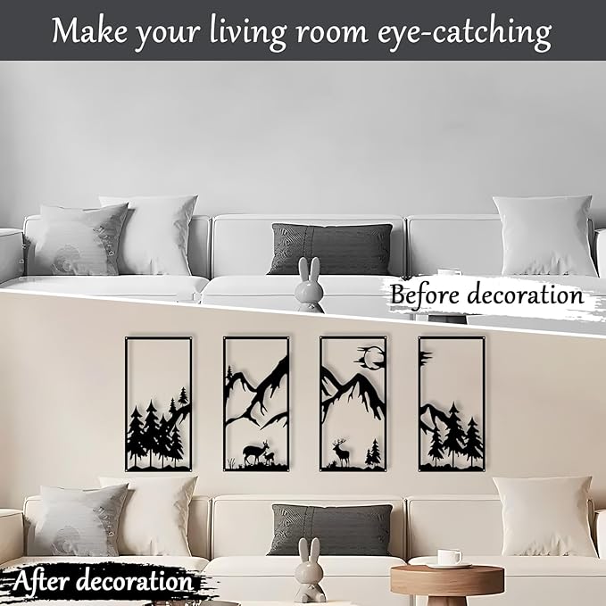 Bdor Four-in-One Metal Wall Art - 22.05" x 12.20" Each Panel - Mountain Deer Silhouette Wall Decor - Modern Rustic Forest Landscape for Home & Office
