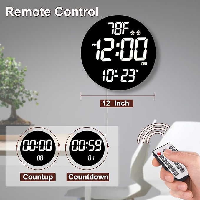 Large 12" White Digital Wall Clock with Remote Control | LED Display Plug-in Clock with 3 Brightness Levels & Temperature Display Perfect for Home, Gym, Classroom, Office