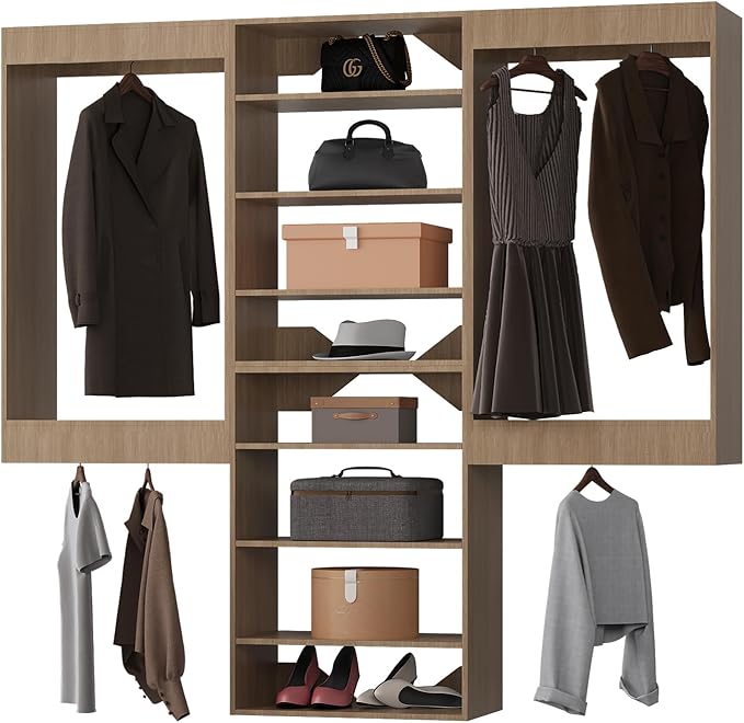 Modular Closet System, 96" Wide Closet Organizer System with Hanging and Towers, Wood Tower Closet Storage for Walk In Closets, Wall Mounted Wardrobe Organizer Kit System, Bedroom, Wood